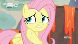 Size: 1324x756 | Tagged: safe, screencap, fluttershy, pegasus, pony, sweet and smoky, discovery family logo, female, mare, my little pony logo, solo, worried