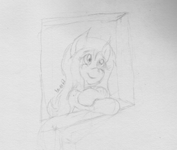 Size: 2324x1975 | Tagged: safe, artist:wapamario63, fluttershy, pegasus, pony, cute, looking out the window, looking up, monochrome, sketch, solo, traditional art, window