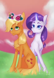 Size: 937x1339 | Tagged: safe, artist:dumddeer, applejack, rarity, earth pony, pony, unicorn, cute, duo, female, floral head wreath, flower, jackabetes, lesbian, levitation, magic, raribetes, rarijack, shipping, telekinesis, wreath