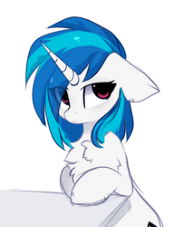 Size: 568x738 | Tagged: safe, artist:little-sketches, dj pon-3, vinyl scratch, pony, unicorn, bored, chest fluff, cute, eye clipping through hair, female, simple background, solo, vinylbetes, white background