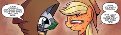 Size: 1600x475 | Tagged: safe, artist:agnesgarbowska, idw, applejack, zecora, earth pony, pony, zebra, spoiler:comic, spoiler:comicff21, female, hood, pony pox, sick, solo, thick