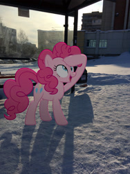 Size: 2448x3264 | Tagged: safe, artist:albertuha, pinkie pie, earth pony, pony, bus stop, derp, female, irl, mare, photo, ponies in real life, raised hoof, russia, smiling, snow, solo, winter