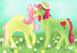 Size: 1600x1100 | Tagged: safe, artist:anxiousshadowpetals, fluttershy, tree hugger, pegasus, pony, blushing, female, floral head wreath, flower, flower in hair, flutterhugger, kissing, lesbian, shipping, wreath