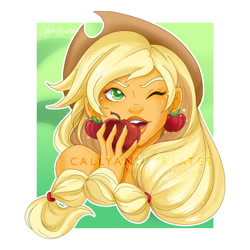 Size: 800x800 | Tagged: safe, artist:callyanncreates, applejack, equestria girls, apple, bust, eating, food, freckles, one eye closed, solo