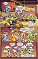 Size: 994x1528 | Tagged: safe, artist:pencils, idw, apple bloom, apple rose, applejack, auntie applesauce, goldie delicious, granny smith, rainbow dash, earth pony, pegasus, pony, spoiler:comic, spoiler:comic70, barn, bored, comic, faic, female, filly, gold horseshoe gals, lidded eyes, mare, official comic, preview, speech bubble