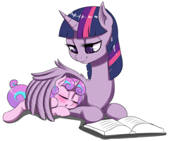 Size: 1170x938 | Tagged: safe, artist:dankflank, princess flurry heart, twilight sparkle, twilight sparkle (alicorn), alicorn, pony, 30 minute art challenge, aunt and niece, auntie twilight, best aunt ever, blushing, book, cute, duo, eyes closed, female, filly, flurrybetes, hug, lidded eyes, mare, no pupils, older, prone, reading, simple background, sleeping, twilight is bae, white background, wing blanket, winghug