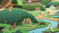 Size: 1334x750 | Tagged: safe, screencap, applejack, autumn afternoon, maple brown, sparkling brook, spring glow, winter flame, earth pony, kirin, pony, sounds of silence, background kirin, bucket, female, fruit stand, green grove, kirin village, male, mare, river, sneezing, stream