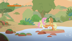 Size: 1920x1080 | Tagged: safe, screencap, applejack, fluttershy, earth pony, pegasus, pony, sounds of silence, duo, female, helping, mare, nickelodeon, river, stream, stretching, water