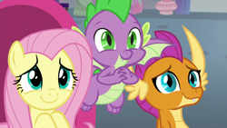 Size: 1920x1080 | Tagged: safe, screencap, fluttershy, smolder, spike, dragon, pegasus, pony, sweet and smoky, cute, dragoness, female, male, mare, shyabetes, smolderbetes, spikabetes, trio, winged spike