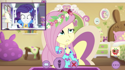 Size: 1334x750 | Tagged: safe, screencap, fluttershy, rarity, better together, equestria girls, festival looks, alarm clock, beanbag chair, bed, bed mane, bedroom, clock, floral head wreath, flower, fluttershy's bedroom, picture in picture, webcam