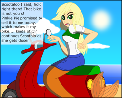 Size: 2293x1837 | Tagged: safe, artist:physicrodrigo, edit, editor:rmzero, part of a series, part of a set, applejack, mermaid, series:equestria mermaids, equestria girls, beach, bench, boots, clothes, cloud, coast, curse, cursed, day, dialogue, dress, implied scootaloo, mermaidized, ocean, sand, scooter, shoes, solo, species swap, surprised, text, transformation, tree