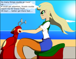 Size: 3683x2875 | Tagged: safe, artist:physicrodrigo, edit, editor:rmzero, part of a series, part of a set, applejack, mermaid, series:equestria mermaids, equestria girls, beach, bench, clothes, cloud, coast, curse, cursed, day, dialogue, dress, implied scootaloo, mermaidized, ocean, sand, scooter, shoes, species swap, text, transformation, tree