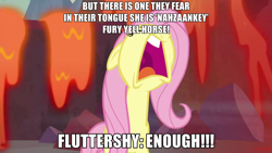 Size: 1366x768 | Tagged: safe, artist:dtavs.exe, edit, edited screencap, screencap, fluttershy, pegasus, pony, sweet and smoky, angry, caption, dovahkiin, dovahshy, faic, image macro, meme, peeved, skyrim, solo, text, the elder scrolls