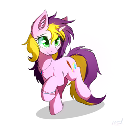 Size: 2000x2000 | Tagged: safe, artist:morningbullet, oc, oc only, oc:painter star, pony, unicorn, bracelet, ear fluff, female, green eyes, jewelry, mare, necklace, pink coat, purple mane, raised hoof, raised leg, signature, simple background, smiling, solo, white background, yellow mane