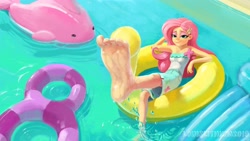 Size: 3840x2160 | Tagged: safe, artist:louislithium, fluttershy, better together, equestria girls, i'm on a yacht, armpits, barefoot, feet, floaty, flutterfeet, foot focus, inflatable, inflatable toy, inner tube, pool toy, scene interpretation, soles, solo, toes, wiggling toes