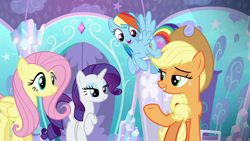 Size: 1280x720 | Tagged: safe, screencap, applejack, fluttershy, rainbow dash, rarity, earth pony, pegasus, pony, unicorn, the crystalling, applejack's hat, cowboy hat, crystal, crystal palace, door, female, females only, flying, freckles, gem, hat, lidded eyes, mare, raised hoof, smiling, wingding eyes, wings