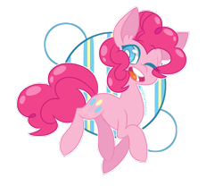 Size: 1280x1067 | Tagged: safe, artist:sbiderboy, pinkie pie, earth pony, pony, abstract background, colored pupils, cute, diapinkes, ear fluff, eye clipping through hair, female, mare, one eye closed, open mouth, signature, simple background, solo, transparent background, wink