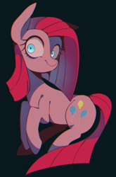 Size: 1264x1920 | Tagged: safe, artist:setoya, pinkie pie, earth pony, pony, black background, chromatic aberration, creepy, female, looking at you, mare, pinkamena diane pie, shrunken pupils, simple background, smiling, solo