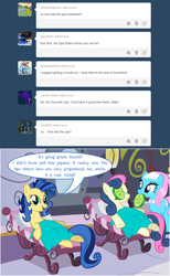 Size: 800x1300 | Tagged: safe, artist:flash equestria photography, bon bon, lotus blossom, sweetie drops, oc, oc:milky way, pony, milkmare of trottingham, ask, crotchboobs, cucumber, cucumber pirate, female, mare, spa, tumblr