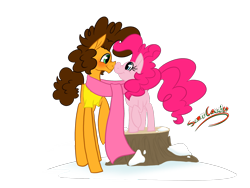 Size: 2048x1536 | Tagged: safe, artist:summer-cascades, cheese sandwich, pinkie pie, earth pony, pony, blushing, boop, cheesepie, clothes, female, looking at each other, male, mare, missing cutie mark, noseboop, scarf, shipping, simple background, size difference, smiling, stallion, straight, transparent background, tree stump