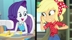 Size: 1920x1080 | Tagged: safe, screencap, applejack, rarity, better together, equestria girls, rollercoaster of friendship, geode of shielding