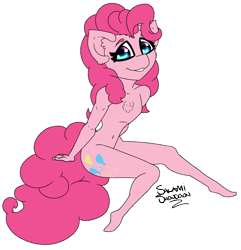 Size: 2120x2200 | Tagged: safe, artist:salamishowdown, pinkie pie, anthro, plantigrade anthro, breastless female, chibi, female, looking at you, simple background, smiling, solo