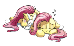 Size: 2000x1240 | Tagged: safe, artist:confetticakez, angel bunny, fluttershy, pegasus, pony, angelbetes, cute, duo, eyes closed, female, floppy ears, folded wings, leaning back, mare, onomatopoeia, peaceful, prone, shyabetes, simple background, sleeping, smiling, sound effects, white background, wings, zzz