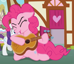 Size: 991x855 | Tagged: safe, screencap, pinkie pie, rarity, earth pony, pony, unicorn, honest apple, cropped, eyes closed, female, floppy ears, guitar, mare, open mouth, power slide, sliding, solo focus