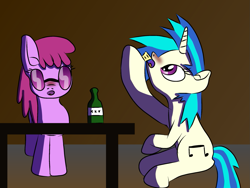 Size: 1359x1024 | Tagged: safe, artist:platinumdrop, berry punch, berryshine, dj pon-3, vinyl scratch, pony, alcohol