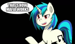 Size: 1284x753 | Tagged: safe, edit, dj pon-3, vinyl scratch, pony, comic:adapting to night, fangs, female, mare, meme, red eyes, solo, that's how mafia works, wrong eye color