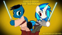 Size: 3840x2160 | Tagged: safe, artist:agkandphotomaker2000, dj pon-3, vinyl scratch, oc, oc:pony video maker, pony, canon x oc, jedi, lightsaber, may the fourth be with you, star wars, videoscratch, weapon, wrong eye color