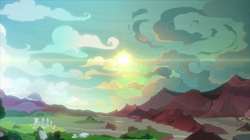 Size: 2100x1180 | Tagged: safe, screencap, fluttershy, smolder, spike, dragon, pegasus, pony, sweet and smoky, cloud, dragon lands, equestria, scenery, sun