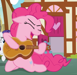 Size: 920x890 | Tagged: safe, screencap, pinkie pie, rarity, earth pony, pony, unicorn, honest apple, cropped, eyes closed, female, floppy ears, guitar, mare, open mouth, power slide, smiling, solo focus