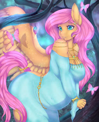 Size: 1200x1480 | Tagged: safe, artist:cheezayballz, fluttershy, anthro, butterfly, pegasus, backless dress, bare shoulders, beautiful, belly, big breasts, breasts, clothes, female, hootershy, mare, open-back dress, preggoshy, pregnant, smiling, solo, spread wings, wings