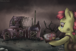 Size: 2400x1600 | Tagged: safe, artist:jesterpi, apple bloom, applejack, big macintosh, granny smith, earth pony, pony, alternate timeline, apocalypse, ashlands timeline, bad future, bag, barren, broken, brown, crying, cutie mark crusaders, dead tree, depressing, destruction, dirty, dystopia, farm, female, future, gray, implied genocide, mare, memories, photo, post-apocalyptic, remember, ruins, sad, standing, travelling, tree, wasteland