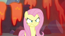 Size: 2100x1180 | Tagged: safe, screencap, fluttershy, pegasus, pony, sweet and smoky, angry, badass, female, flutterbadass, fluttershy is not amused, lava, mare, peeved, solo, unamused