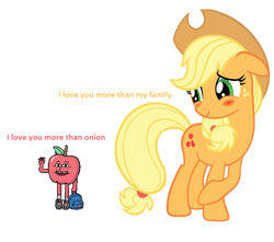 Size: 1158x1024 | Tagged: safe, applejack, earth pony, pony, apple, apple (character), apple and onion, blushing, crossover, crossover shipping, dialogue, female, food, male, shipping, simple background, size difference, straight, white background