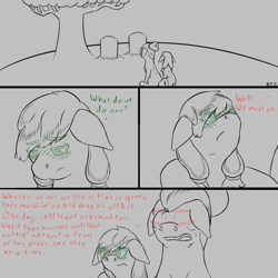 Size: 1024x1024 | Tagged: safe, artist:korencz11, applejack, granny smith, earth pony, pony, atg 2018, comic, female, filly, filly applejack, gravestone, gray background, handwriting, newbie artist training grounds, sad, simple background, tree, younger