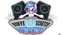 Size: 1920x1080 | Tagged: safe, artist:phoenixrk49, dj pon-3, vinyl scratch, pony, unicorn, chest fluff, dj booth, horseshoes, signature, simple background, smiling, solo, turntable, white background