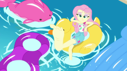 Size: 1280x720 | Tagged: safe, screencap, fluttershy, better together, equestria girls, i'm on a yacht, barefoot, clothes, eyeshadow, feet, flutterfeet, foot focus, lidded eyes, makeup, pool toy, shorts, soles, solo, swimming pool, wiggling toes