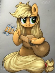 Size: 900x1200 | Tagged: safe, artist:lantoor, applejack, earth pony, pony, blonde, cute, eye clipping through hair, female, guitar, hatless, jackabetes, lidded eyes, mare, missing accessory, solo, unshorn fetlocks