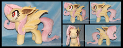 Size: 1600x624 | Tagged: safe, artist:peruserofpieces, fluttershy, bat pony, bat ponified, bat wings, ear fluff, fangs, female, flutterbat, front view, irl, long tail, mare, messy mane, messy tail, photo, plushie, profile, race swap, red eyes, slit eyes, toy, vampire bat pony, wings