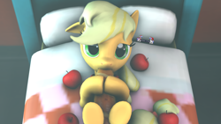 Size: 1920x1080 | Tagged: safe, artist:spinostud, applejack, earth pony, pony, 3d, apple, baguette, bread, food, misleading thumbnail, on back, solo