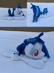 Size: 1588x2160 | Tagged: safe, artist:plushbyanto, dj pon-3, vinyl scratch, pony, beanie (plushie), chibi, female, hair over one eye, irl, lying down, mare, minky, missing horn, no mouth, no nostrils, no pupils, photo, plushie, prone, solo, sploot, toy