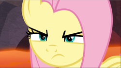 Size: 1667x940 | Tagged: safe, screencap, fluttershy, pegasus, pony, sweet and smoky, angry, badass, close-up, cropped, determined, female, flutterbadass, fluttershy is not amused, mare, narrowed eyes, solo, unamused