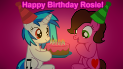 Size: 3840x2160 | Tagged: safe, artist:agkandphotomaker2000, dj pon-3, vinyl scratch, oc, oc:rose bloom, pony, birthday, cake, candle, food, hat, party hat, wrong eye color