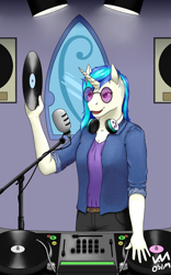 Size: 2000x3200 | Tagged: safe, artist:0-van-0, dj pon-3, vinyl scratch, anthro, unicorn, belt, cable, clothes, glasses, headphones, jacket, microphone, smiling, spotlight, turntable, vinyl disc, window