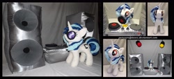 Size: 4275x1950 | Tagged: safe, artist:peruserofpieces, dj pon-3, vinyl scratch, pony, unicorn, accessories, front view, horn, irl, lights, mouth hold, photo, plushie, profile, record, record player, speakers, spotlight, stage light, stereo, sunglasses, turntable