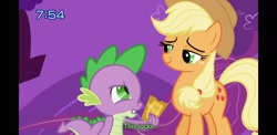 Size: 2220x1080 | Tagged: safe, screencap, applejack, spike, dragon, earth pony, pony, the ticket master, duo, female, gala ticket, japanese dub, male, mare, subtitles, ticket, tomodachi wa mahou, translation