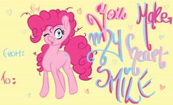 Size: 9500x5787 | Tagged: safe, artist:lepsyjack, pinkie pie, earth pony, pony, absurd resolution, cute, diapinkes, female, heart, heart eyes, holiday, mare, one eye closed, open mouth, solo, valentine, valentine's day, valentine's day card, wingding eyes, wink